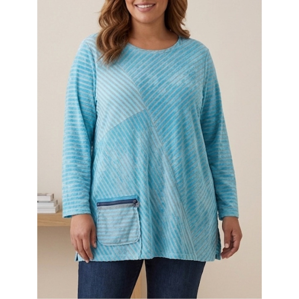 ALI MILES Size 3X Turquoise Striped Lagenlook Tunic Top Boho Patchwork Design
